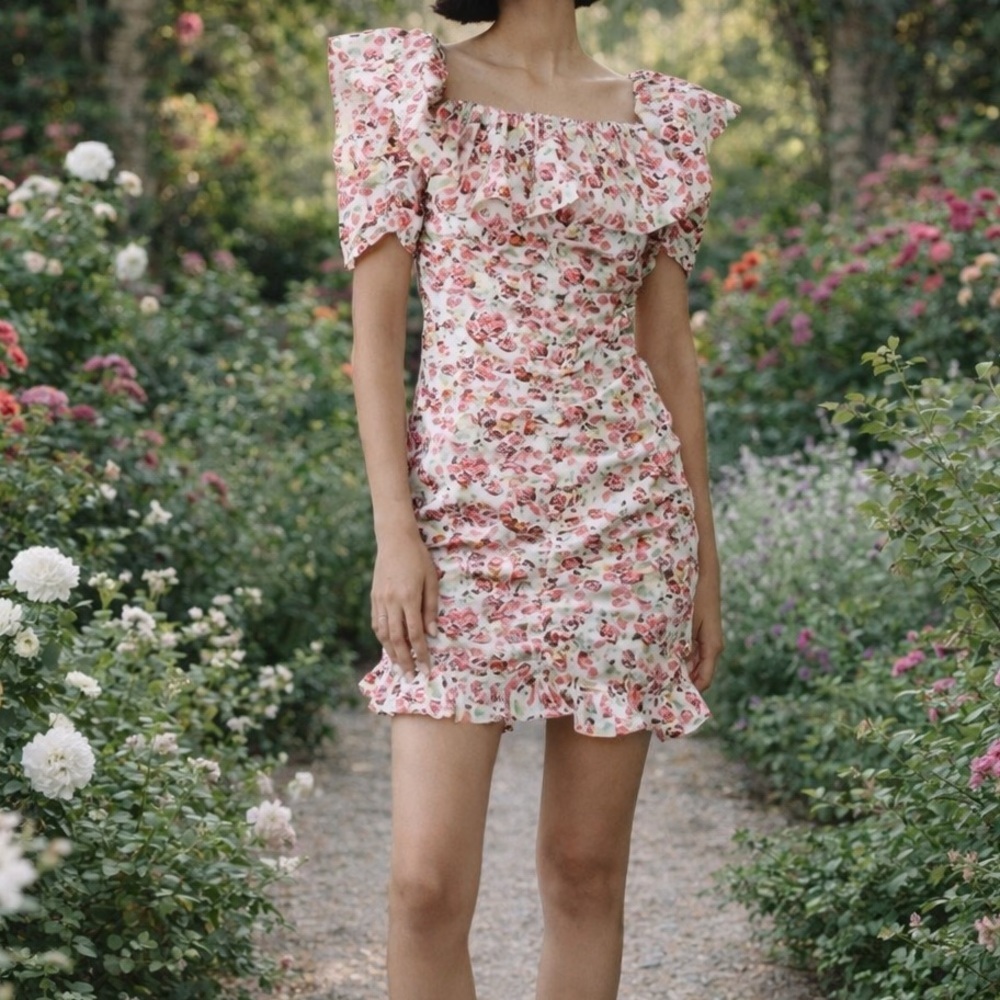 Zara Ruffled Ruched Pink Floral Mini Dress SIZE SMALL